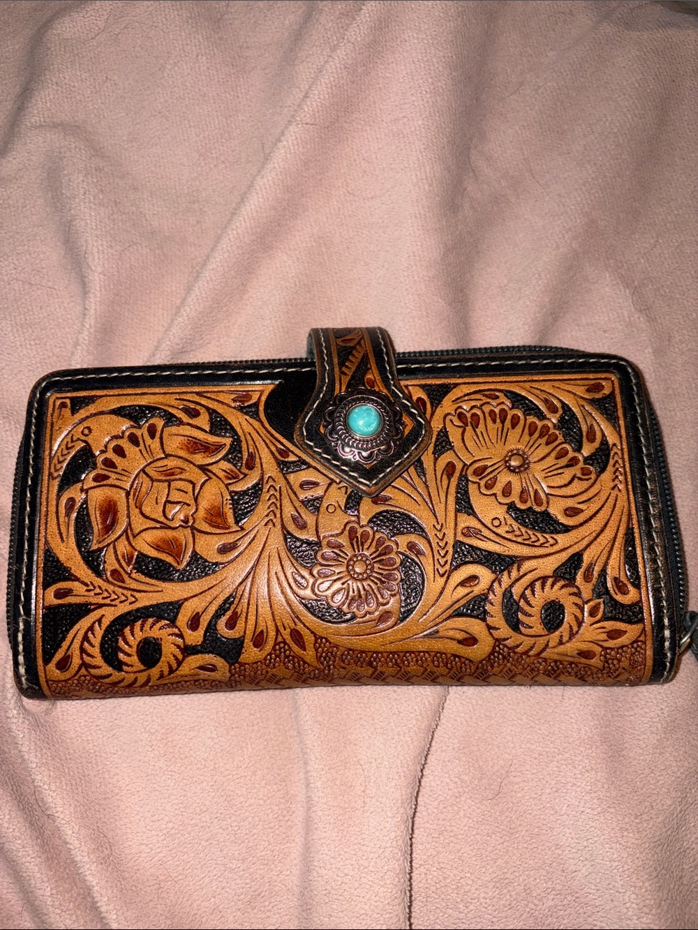 Hand-Tooled Floral Leather Wallet with Turquoise Accent - Brown/Black